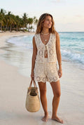 BEIGE CROCHET VEST AND SHORTS SET WITH SEQUINS DETAIL