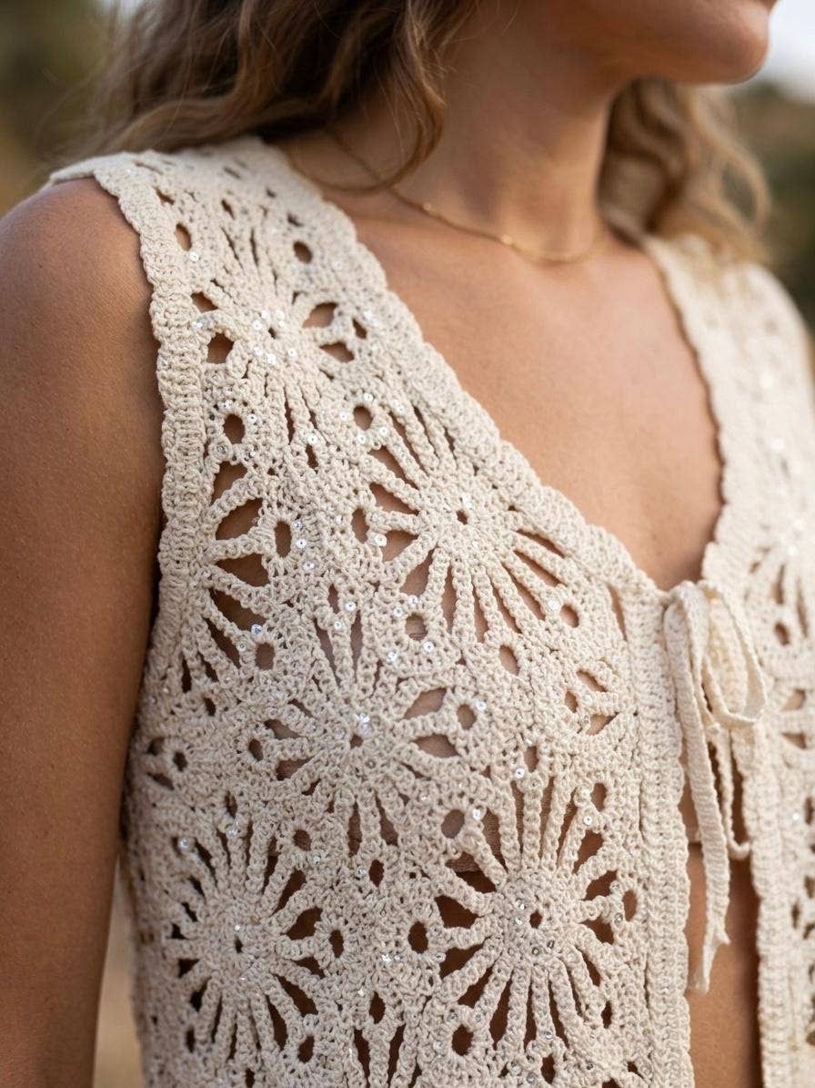 BEIGE CROCHET VEST AND SHORTS SET WITH SEQUINS DETAIL